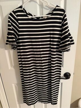 J. Crew- Black & White Striped Ruffle Sleeve Dress